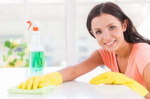 Oven cleaning technician protecting a kitchen during a Fulham service