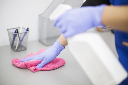 Technician using protective equipment during oven cleaning preparation